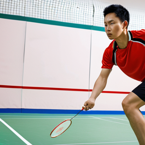Home 18 A dynamic shot of a male or female badminton player in mid-action on a brightly lit court, intensely focused. The image emphasizes their modern, high-performance sportswear, highlighting advanced fabric technology. Visible subtle textures suggest moisture-wicking and breathability, with an ergonomic fit that allows full range of motion. The overall impression is one of lightness, comfort, and enhanced endurance provided by intelligent fabrics and strategic ventilation zones.