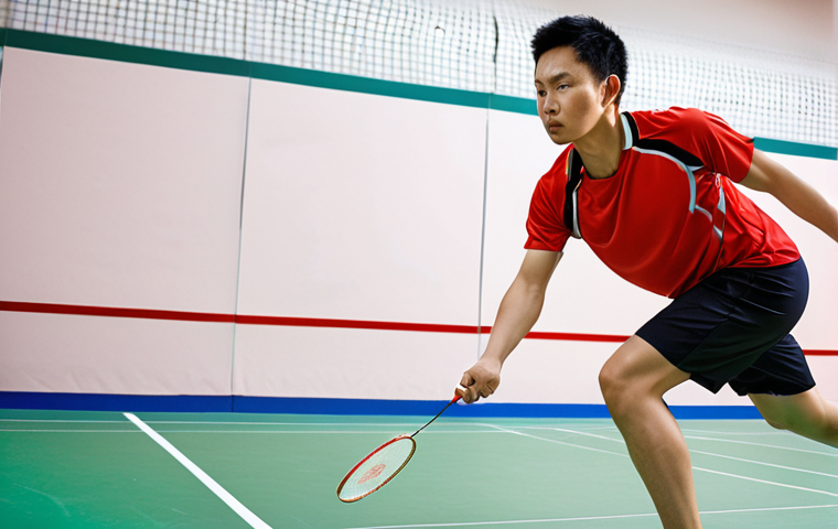 A dynamic shot of a male or female badminton player in mid-action on a brightly lit court, intensely focused. The image emphasizes their modern, high-performance sportswear, highlighting advanced fabric technology. Visible subtle textures suggest moisture-wicking and breathability, with an ergonomic fit that allows full range of motion. The overall impression is one of lightness, comfort, and enhanced endurance provided by intelligent fabrics and strategic ventilation zones.