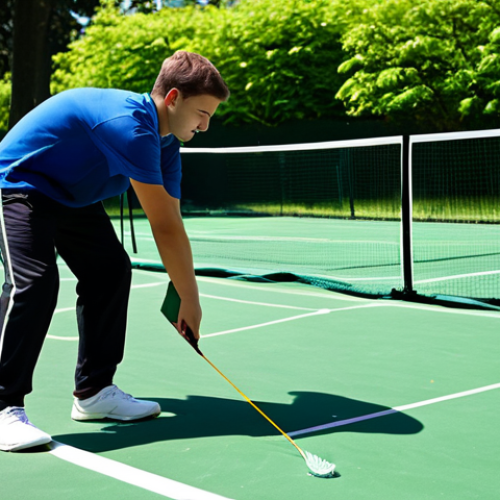 Home 17 A young man, fully clothed in professional athletic wear, precisely measuring the court dimensions with a tape measure on a well-maintained outdoor badminton court during a sunny day. He is focused on ensuring the lines are perfectly marked before setting up the net. The background features lush green trees and a clear blue sky. This image should convey preparation and attention to detail, showcasing perfect anatomy, correct proportions, well-formed hands, and natural pose. The content is safe for work, appropriate content, and family-friendly.