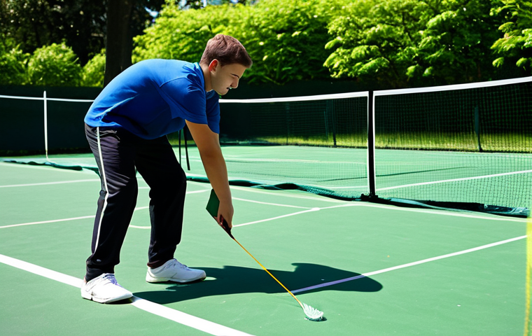 A young man, fully clothed in professional athletic wear, precisely measuring the court dimensions with a tape measure on a well-maintained outdoor badminton court during a sunny day. He is focused on ensuring the lines are perfectly marked before setting up the net. The background features lush green trees and a clear blue sky. This image should convey preparation and attention to detail, showcasing perfect anatomy, correct proportions, well-formed hands, and natural pose. The content is safe for work, appropriate content, and family-friendly.