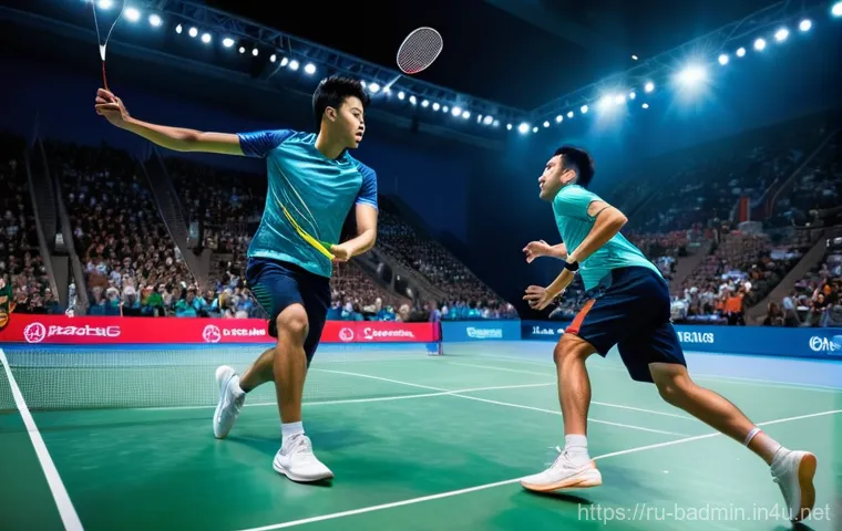 배드민턴 국가대표 경기 분석 - **Prompt:** A dynamic, full-action shot of two professional male badminton players engaged in a high...