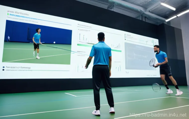 배드민턴 국가대표 경기 분석 - **Prompt:** A dynamic, full-action shot of two professional male badminton players engaged in a high...