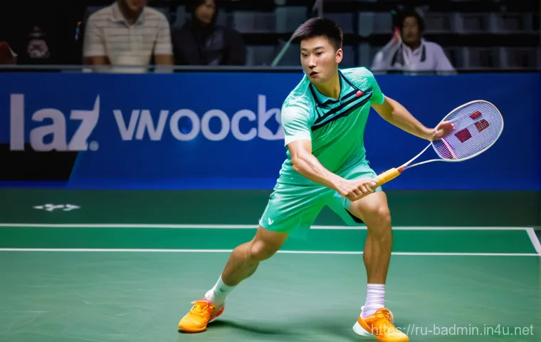배드민턴 전술 변화와 대응 방법 - **Dynamic Badminton Smash in Action**
A highly athletic male badminton player, mid-air, executin...