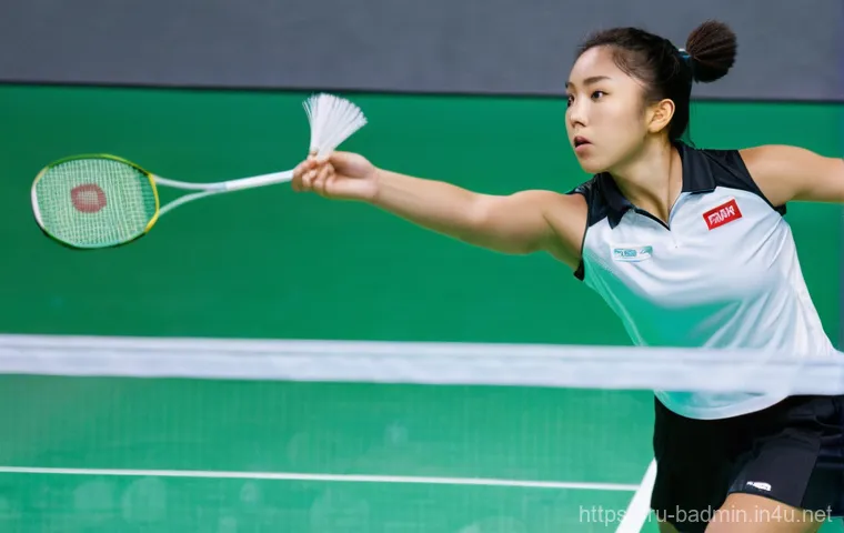 배드민턴 전술 변화와 대응 방법 - **Dynamic Badminton Smash in Action**
    A highly athletic male badminton player, mid-air, executin...