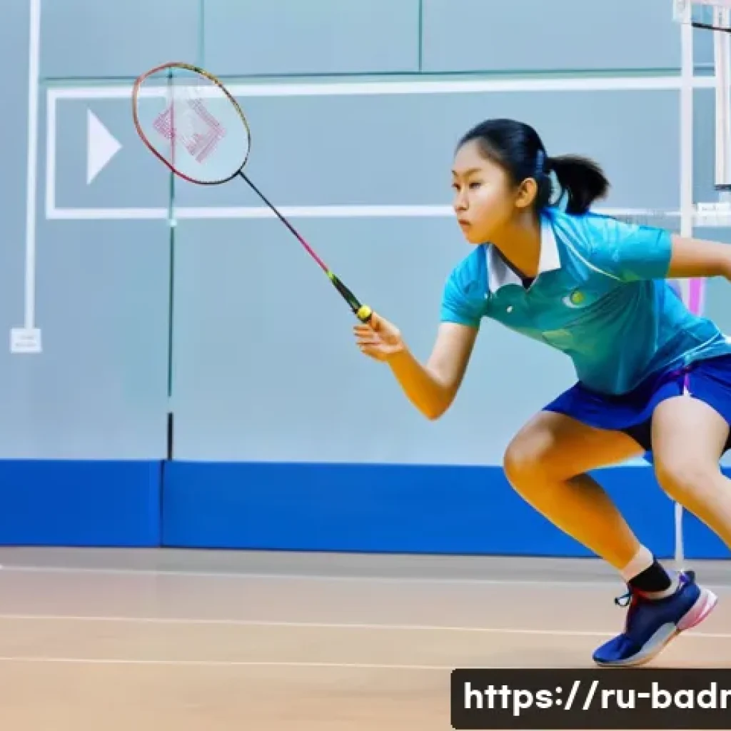 배드민턴 환경에 따른 경기력 차이 - **Prompt:** A focused badminton player, mid-game on an indoor court, adjusting their body position t...