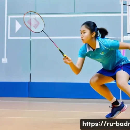 배드민턴 환경에 따른 경기력 차이 - **Prompt:** A focused badminton player, mid-game on an indoor court, adjusting their body position t...