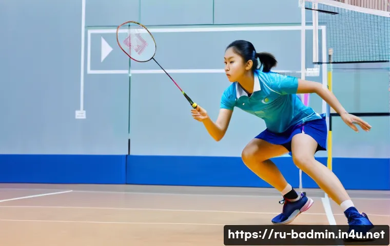 배드민턴 환경에 따른 경기력 차이 - **Prompt:** A focused badminton player, mid-game on an indoor court, adjusting their body position t...