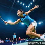 배드민턴 스폰서십 기회 찾는 방법 - A professional badminton player in dynamic action on an indoor court, wearing branded sportswear and...
