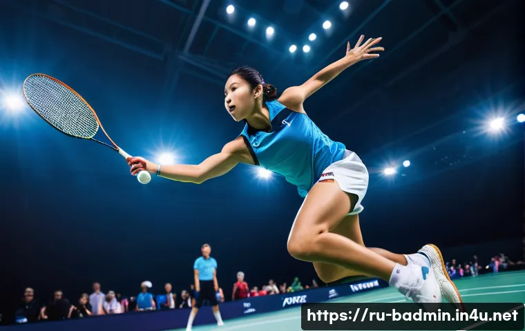 배드민턴 스폰서십 기회 찾는 방법 - A professional badminton player in dynamic action on an indoor court, wearing branded sportswear and...