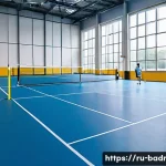실내 배드민턴 코트 찾는 방법 - A modern indoor badminton court located in a metropolitan sports complex, featuring professional vin...