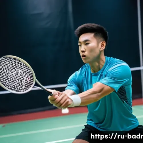 배드민턴과 웨이트 트레이닝 병행법 - A focused male badminton player in mid-action on an indoor court, wearing athletic shorts and a mois...
