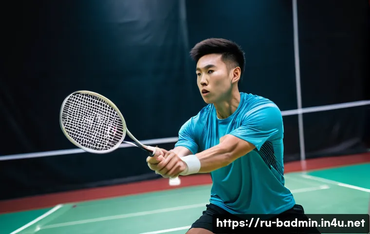배드민턴과 웨이트 트레이닝 병행법 - A focused male badminton player in mid-action on an indoor court, wearing athletic shorts and a mois...
