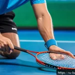배드민턴 라켓 텐션 조절 팁 - A professional badminton player adjusting the string tension on a high-quality racket in a modern in...