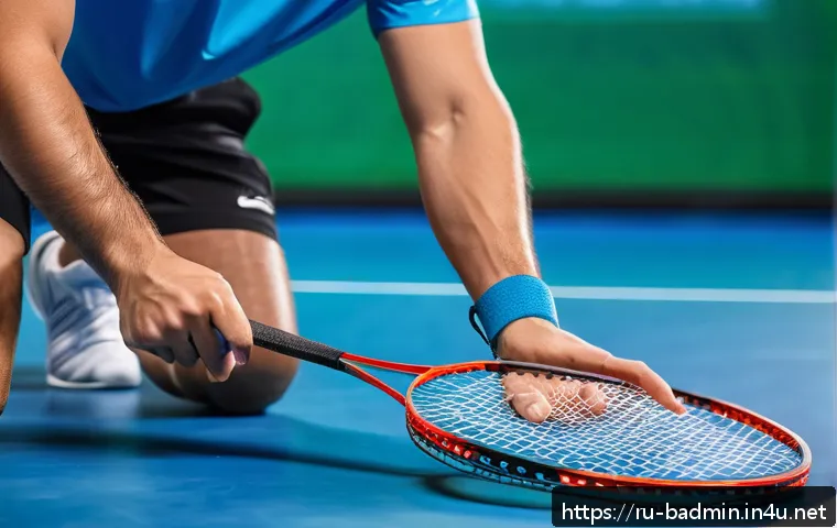 배드민턴 라켓 텐션 조절 팁 - A professional badminton player adjusting the string tension on a high-quality racket in a modern in...
