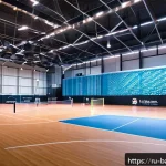 배드민턴에 적합한 조명 조건 - A modern indoor badminton court illuminated by evenly distributed LED lights mounted 7-9 meters high...