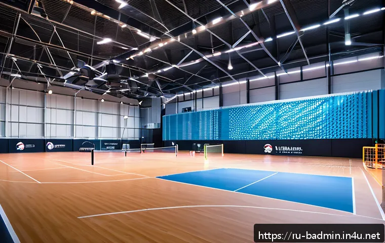 배드민턴에 적합한 조명 조건 - A modern indoor badminton court illuminated by evenly distributed LED lights mounted 7-9 meters high...