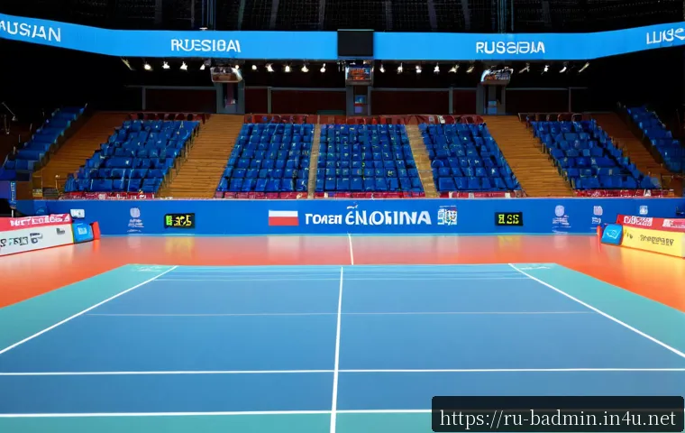 Home 17 배드민턴 국제 대회 일정 - Photorealistic international badminton tournament arena in Russia, wide eye-level view of a pristine...